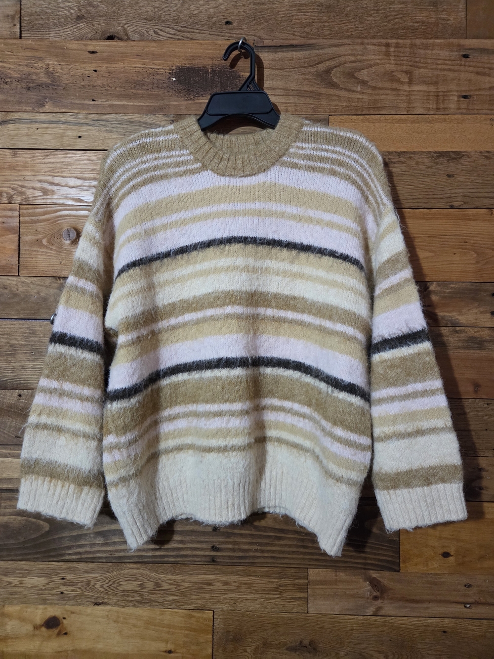 Fuzzy Striped Mock Neck Sweater Cozy Soft Plush Relaxed Cabincore Winter Sz L